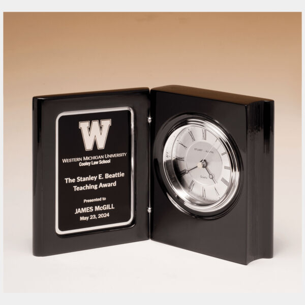 5 3/8" x 4 1/4" Piano Finish Book Clock with Diamond Spun Dial, 3 Hand Movement, Plate Thumbnail