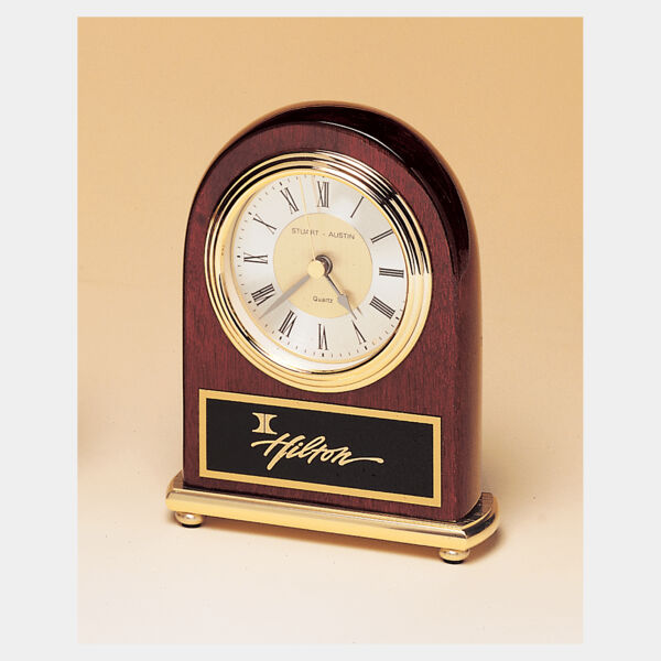 4" x 5" Arch Piano Finish Clock, Brass Base, Diamond Spun Dial, 3 Hand Movement with Laserable Plate Thumbnail