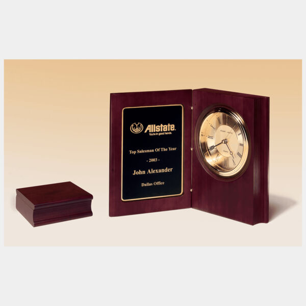 9" x 6 3/4" Hand Rubbed Finish Book Clock, Diamond Spun Dial, 3 Hand Movement, Laserable Plate Thumbnail