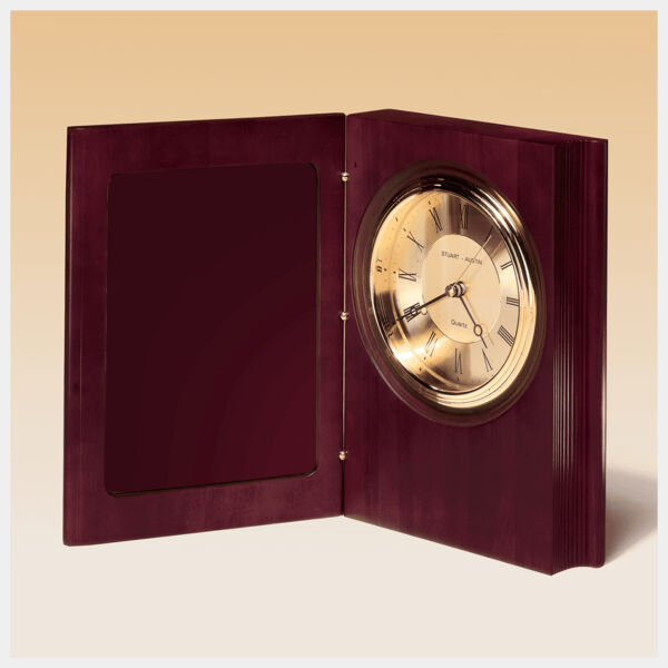 9" x 6 3/4" Hand Rubbed Finish Book Clock, Diamond Spun Dial, 3 Hand Movement- Laserable Plate Not Included Thumbnail