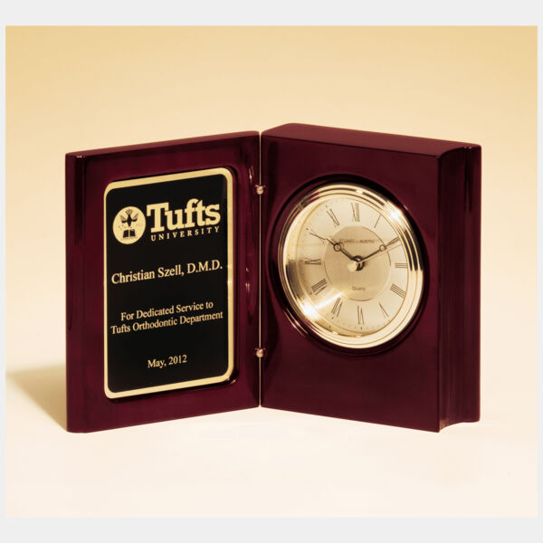 5 3/8" x 4 1/4" Piano Finish Book Clock w/Diamond Spun Dial, 3 Hand Movement, Plate Thumbnail