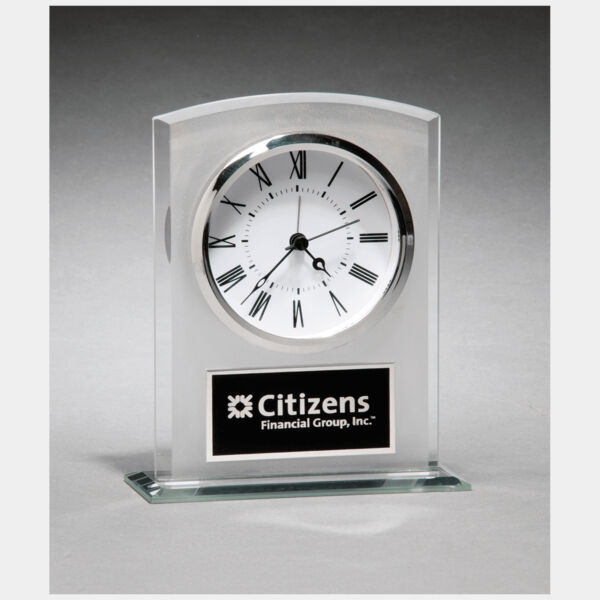 5" x 6 1/4" Glass Clock with Frosted Top, Polished Edge and Base with Plate Thumbnail