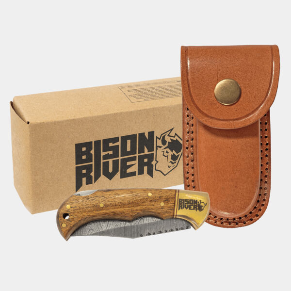 Bison River 3 3/4" Wood Folding Knife with Damascus Steel Blade and Leather Sheath Thumbnail