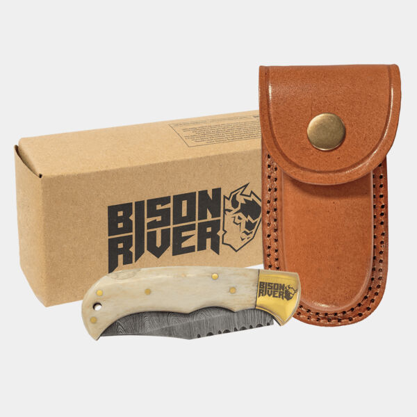 Bison River 3 3/4" Bone Folding Knife with Damascus Steel Blade and Leather Sheath Thumbnail