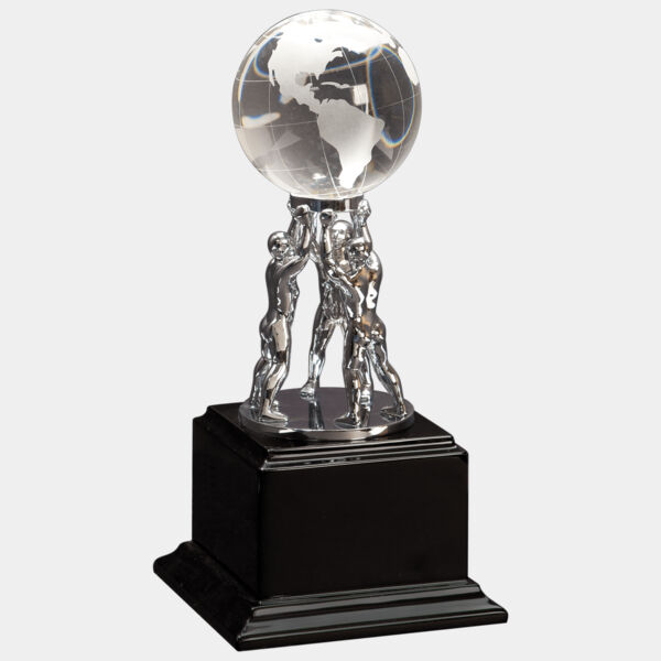 10" Crystal Globe with Men/Stand on Piano Finish Base Thumbnail