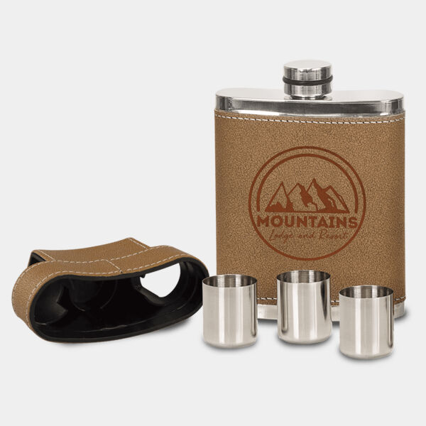 7 oz. Leather Flask with Lid & 3 Shot Glasses Thumbnail