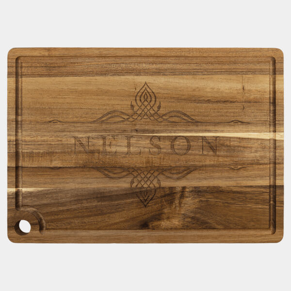 13 3/4" x 9 3/4" Acacia Cutting Board with Drip Ring and Corner Hole Thumbnail