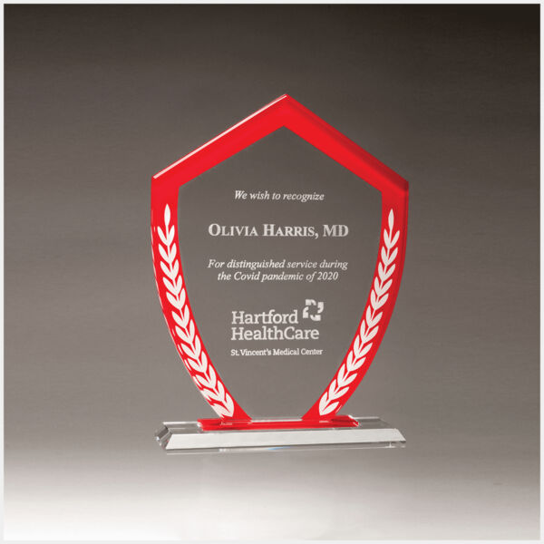 7 1/4" x 9 5/8" Shield Shaped Glass Award with Border and Laurel Leaves Thumbnail