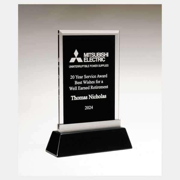 5 1/4" x 8 7/8" Rectangular Silkscreened Glass Award with Piano Finish Base Thumbnail
