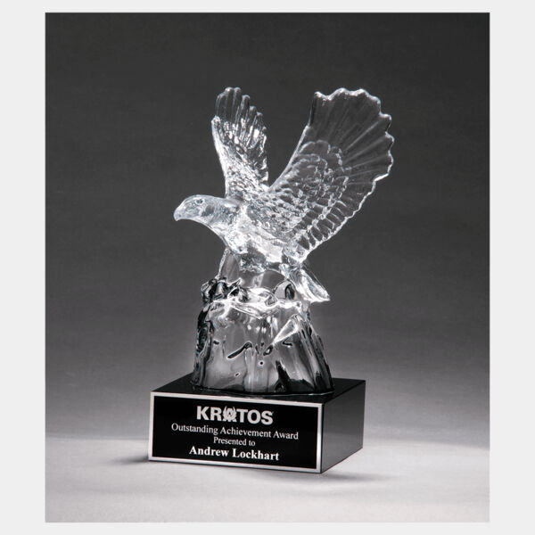4 1/2" x 9 1/2" Beautiful Carved Crystal Eagle on a Crystal Base with Laserable Aluminum Plate Thumbnail