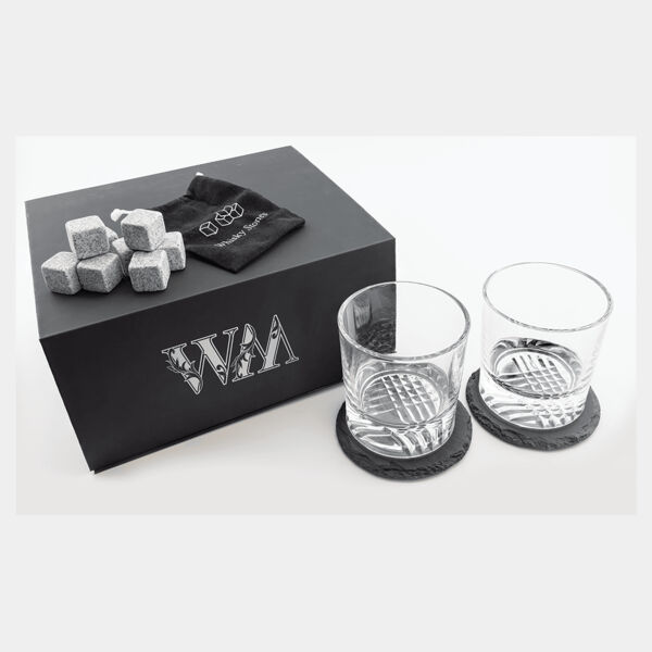 Lazerburst Whiskey Set with Two 9 oz. Glasses, Two 4" Slate Coasters, and Eight Granite Whiskey Stones with Velvet Bag Thumbnail