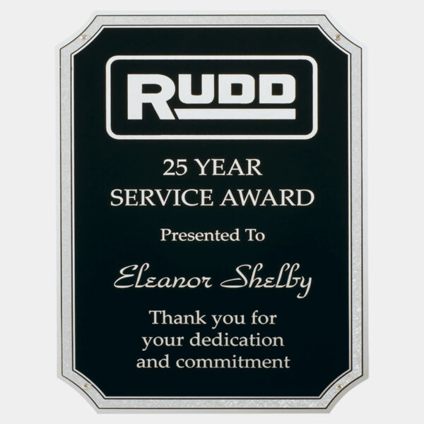 7" x 10" Textured Polished Aluminum Plate with Notched Corners, Florentine Border, and Four Holes Thumbnail