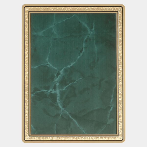 4 7/8" x 6 7/8" Emerald Marble Brass Plated Steel Plate with Round Corners, Florentine Border and Four Holes Thumbnail