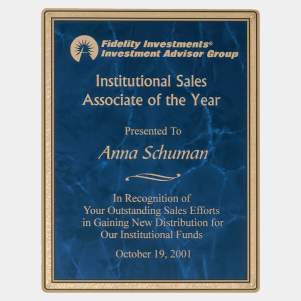 6 7/8" x 9 7/8" Sapphire Marble Brass Plated Steel Plate with Rounded Corners, Florentine Border, and Four Holes Thumbnail