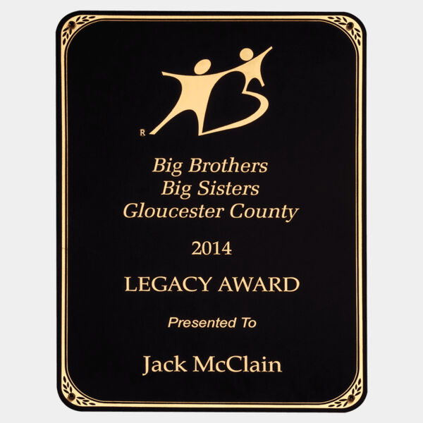 8 1/2" x 11" LaserFX Brass Plated Steel Plate with Rounded Leaf Design Corners, Border and Four Holes Thumbnail