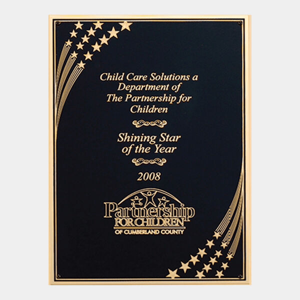 5 1/4" x 8 3/4" Laser Engravable Brass Plated Steel with Star Shower Design, Florentine Border and Four Holes Thumbnail