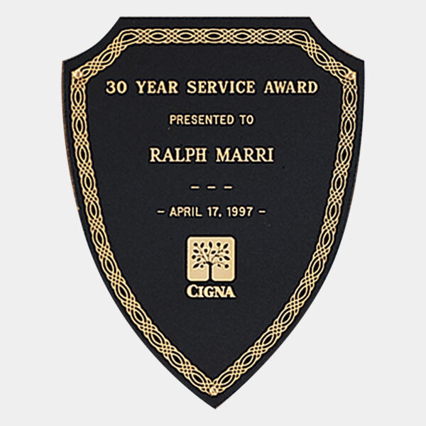 5 1/4" x 6 1/2" Laserable Brass Shield Plate with Design Border and Three Holes Thumbnail