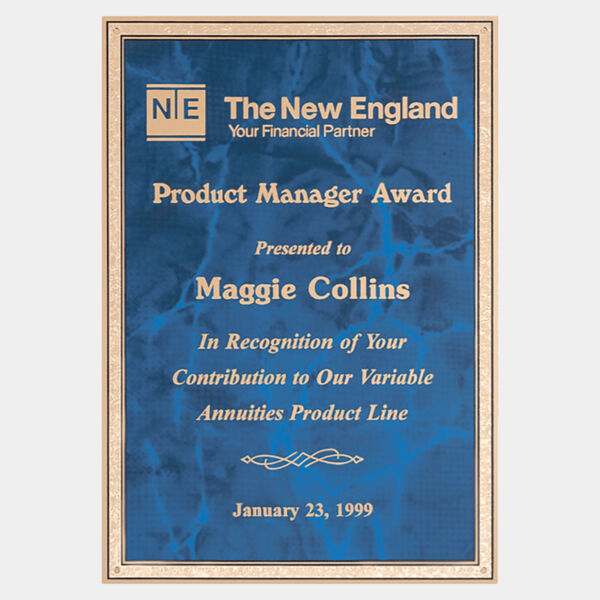 7" x 10" Sapphire Marble Brass Plated Steel Plate with Florentine Border and Four Holes Thumbnail