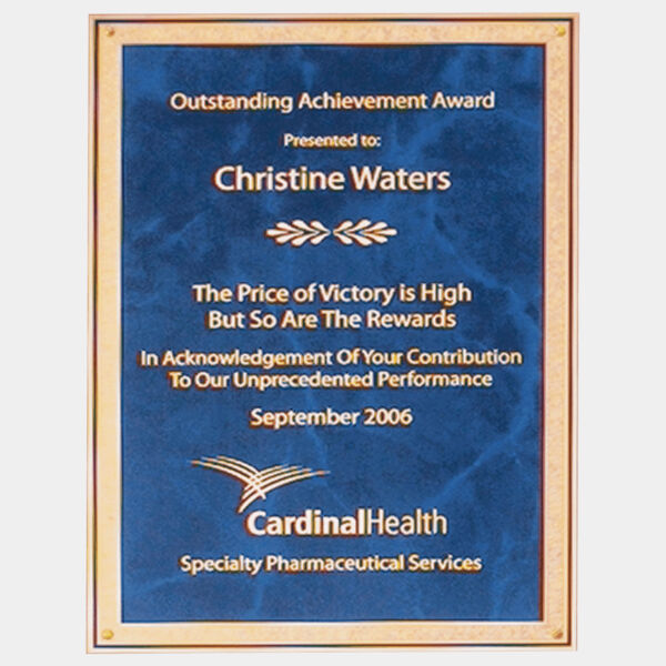 5 1/2" x 7 1/4" Laser Engravable Brass Plated Steel Sapphire Marble Plate with Florentine Border Thumbnail