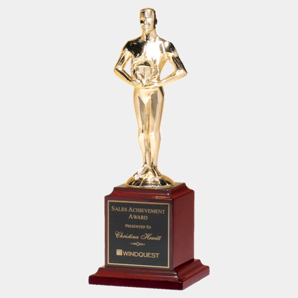 9" Cast Metal Goldtone Finish Classic Achiever Figure on a Piano Finish Base with a Laserable Plate Thumbnail