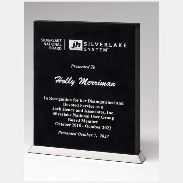 7 1/2" x 10" Laser Leather Desktop Plaque with Plated Base Thumbnail