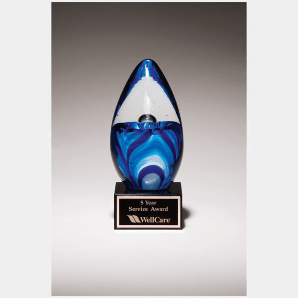 6 1/2" Egg Shaped Art Glass on Glass Base with Laserable Aluminum Plate Thumbnail