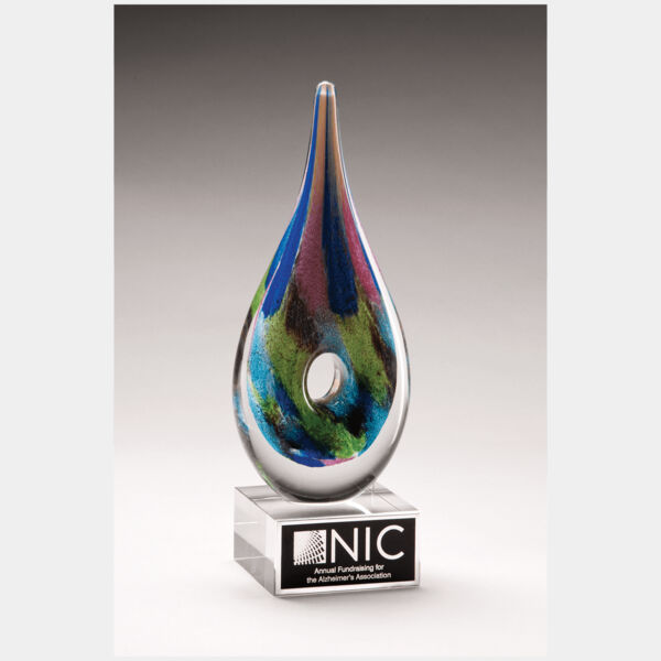 9 7/8" Multi-Colored Teardrop Art Glass on Glass Base with Laserable Aluminum Plate Thumbnail