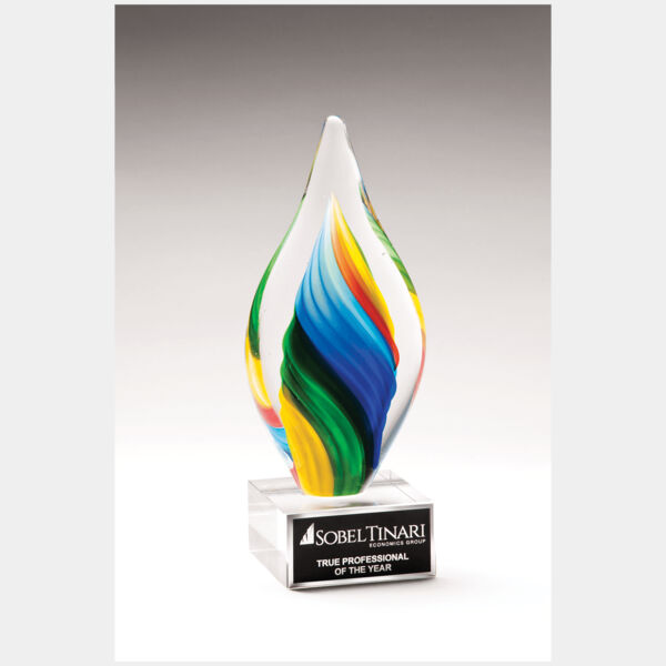 9" Rainbow Twist Art Glass on Glass Base with Laserable Aluminum Plate Thumbnail