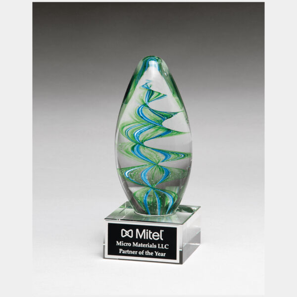 6 1/2" and Helix Egg Shaped Art Glass on Glass Base with Laserable Aluminum Plate Thumbnail